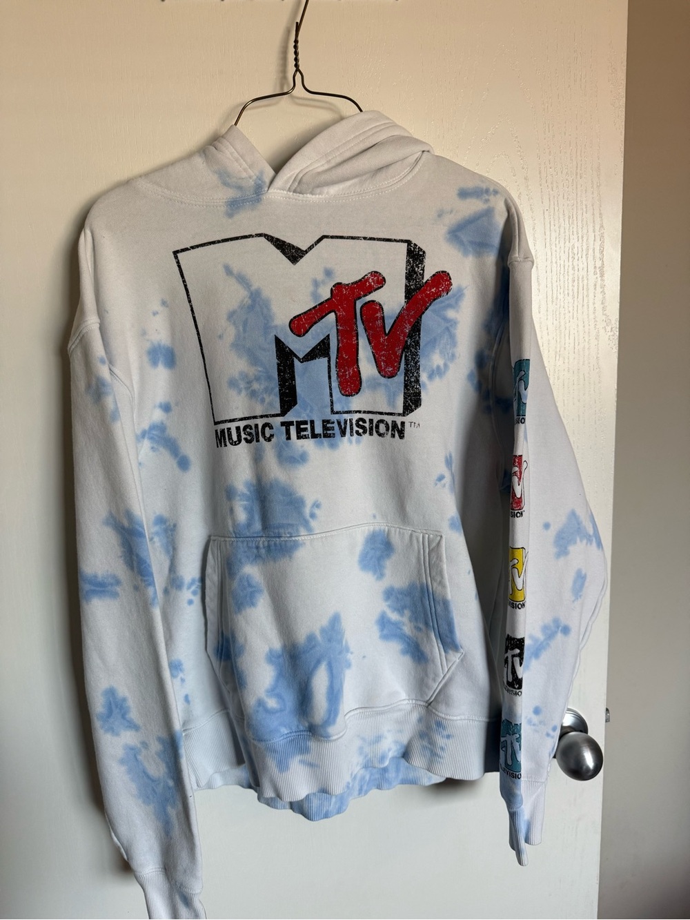 MTV Tie-Dye Logo Hoodie - White & Light Blue Men's Small